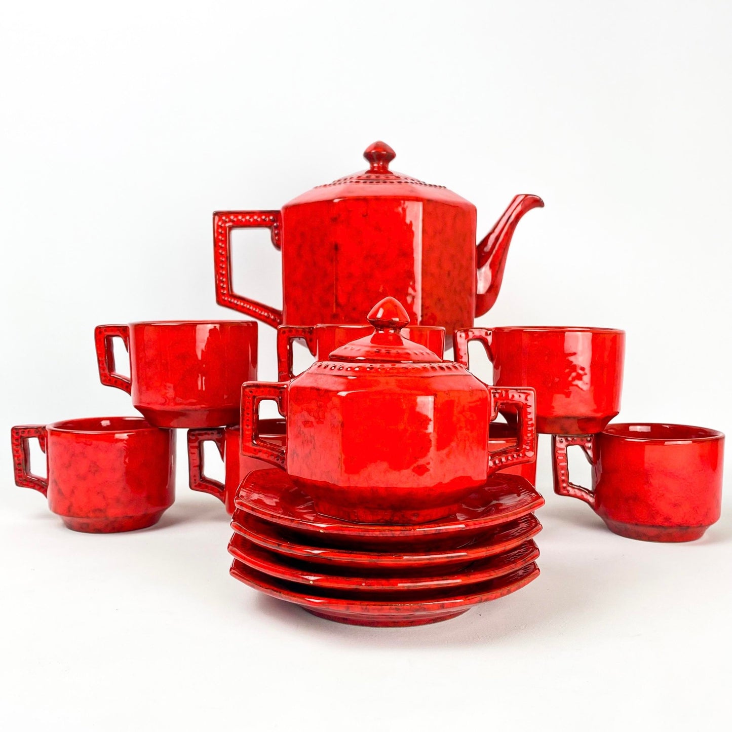 P V Italy Ceramic Orange Red Coffee/Tea and Serving Set- 25 Total Piece Set