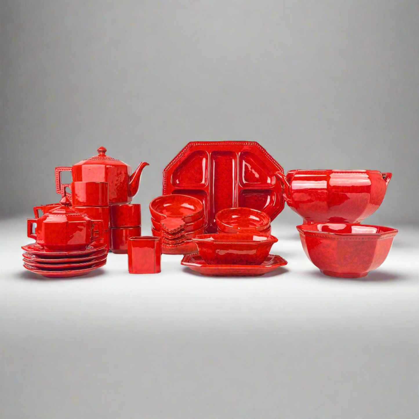 P V Italy Ceramic Orange Red Coffee/Tea and Serving Set- 25 Total Piece Set