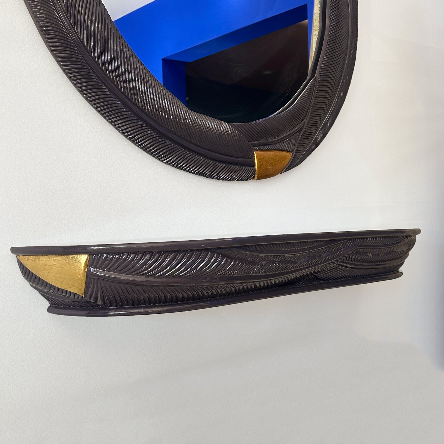 Lacquered Aubergine Palm Leaf Mirror and Wall Mounted Console