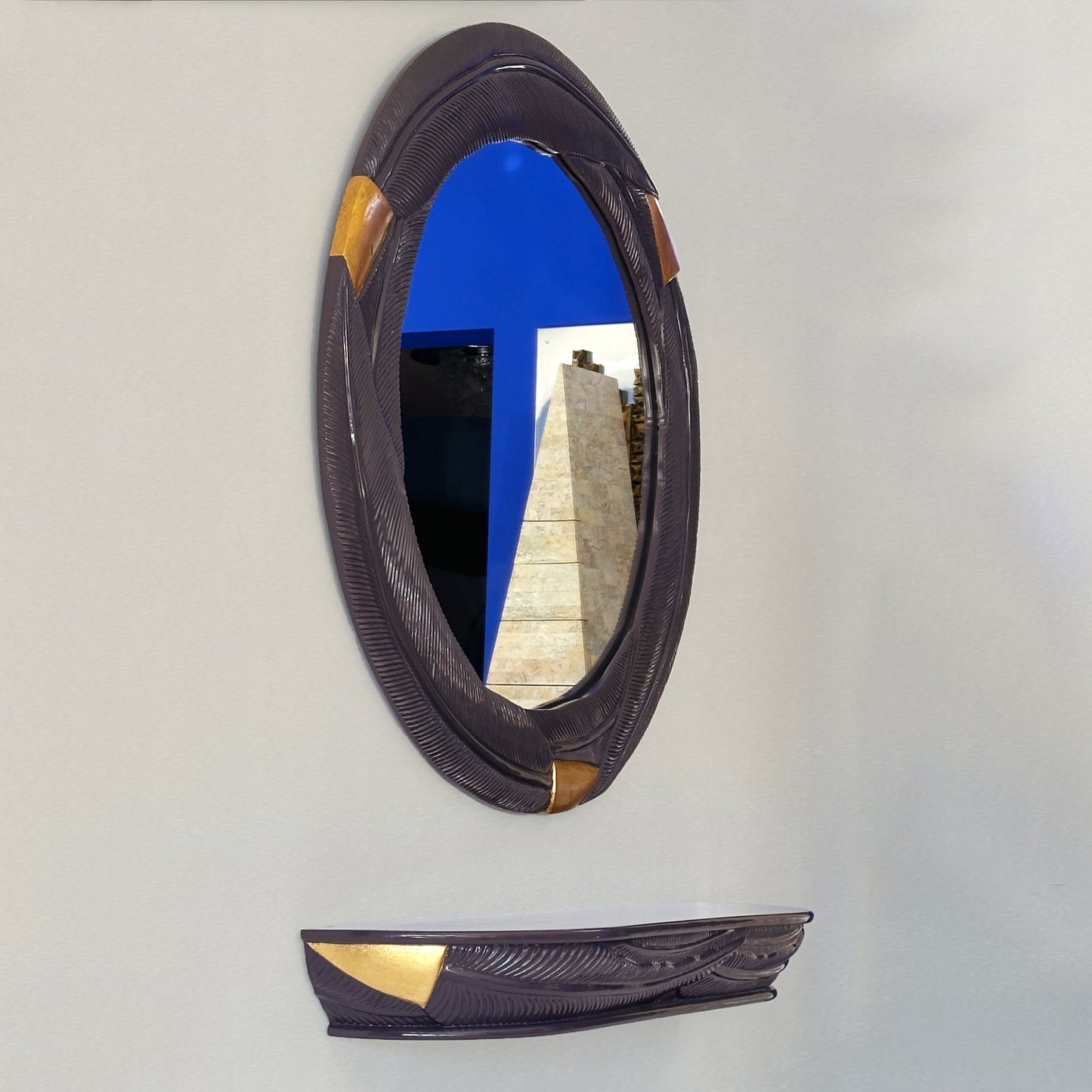 Lacquered Aubergine Palm Leaf Mirror and Wall Mounted Console