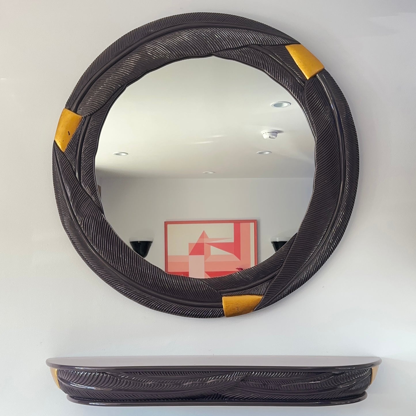 Lacquered Aubergine Palm Leaf Mirror and Wall Mounted Console