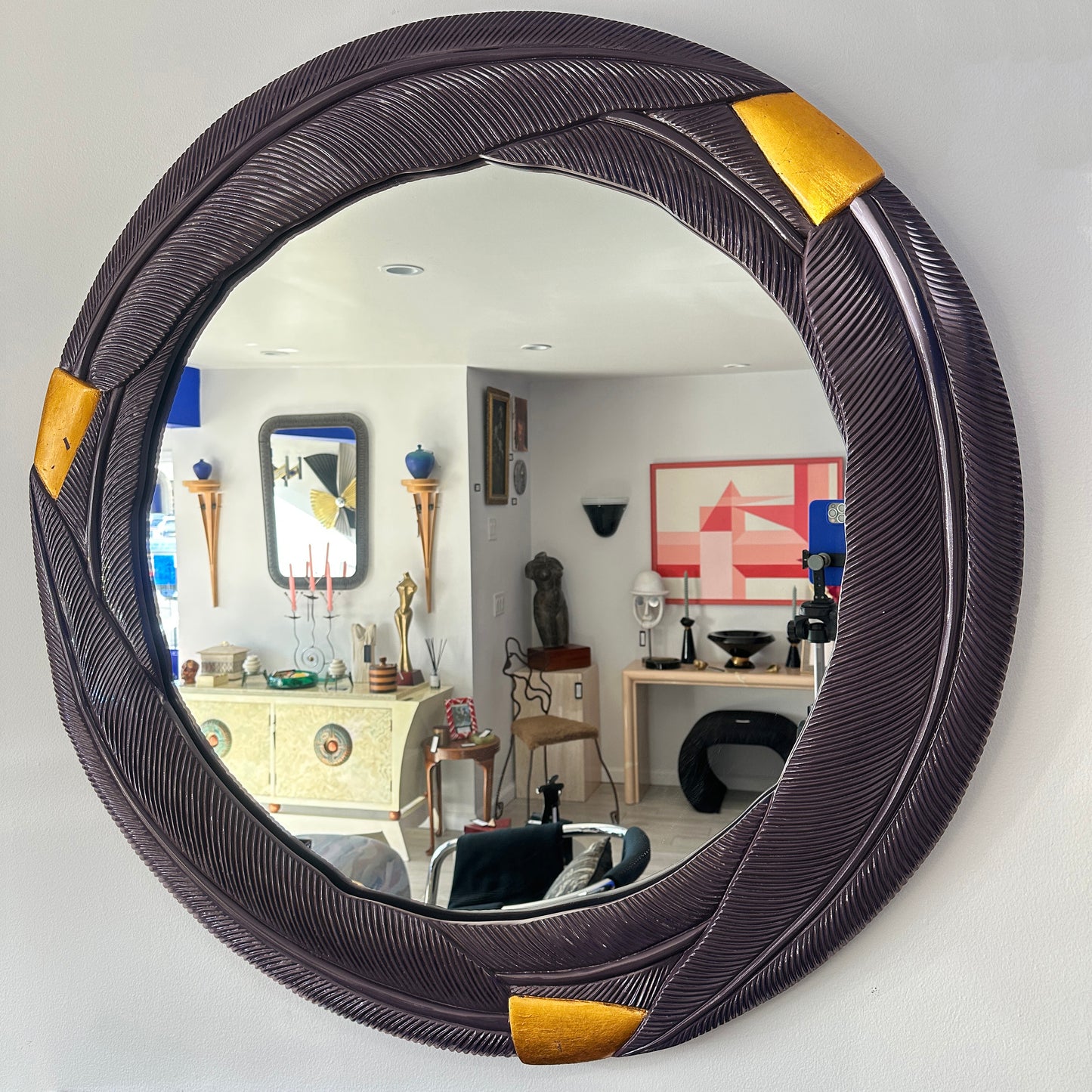 Lacquered Aubergine Palm Leaf Mirror and Wall Mounted Console