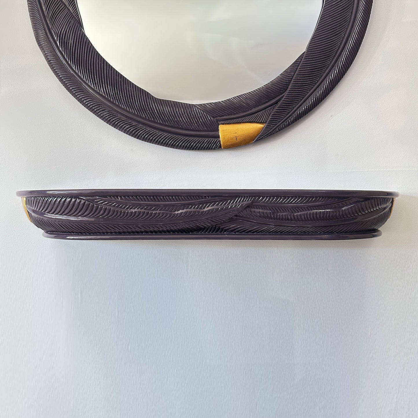 Lacquered Aubergine Palm Leaf Mirror and Wall Mounted Console