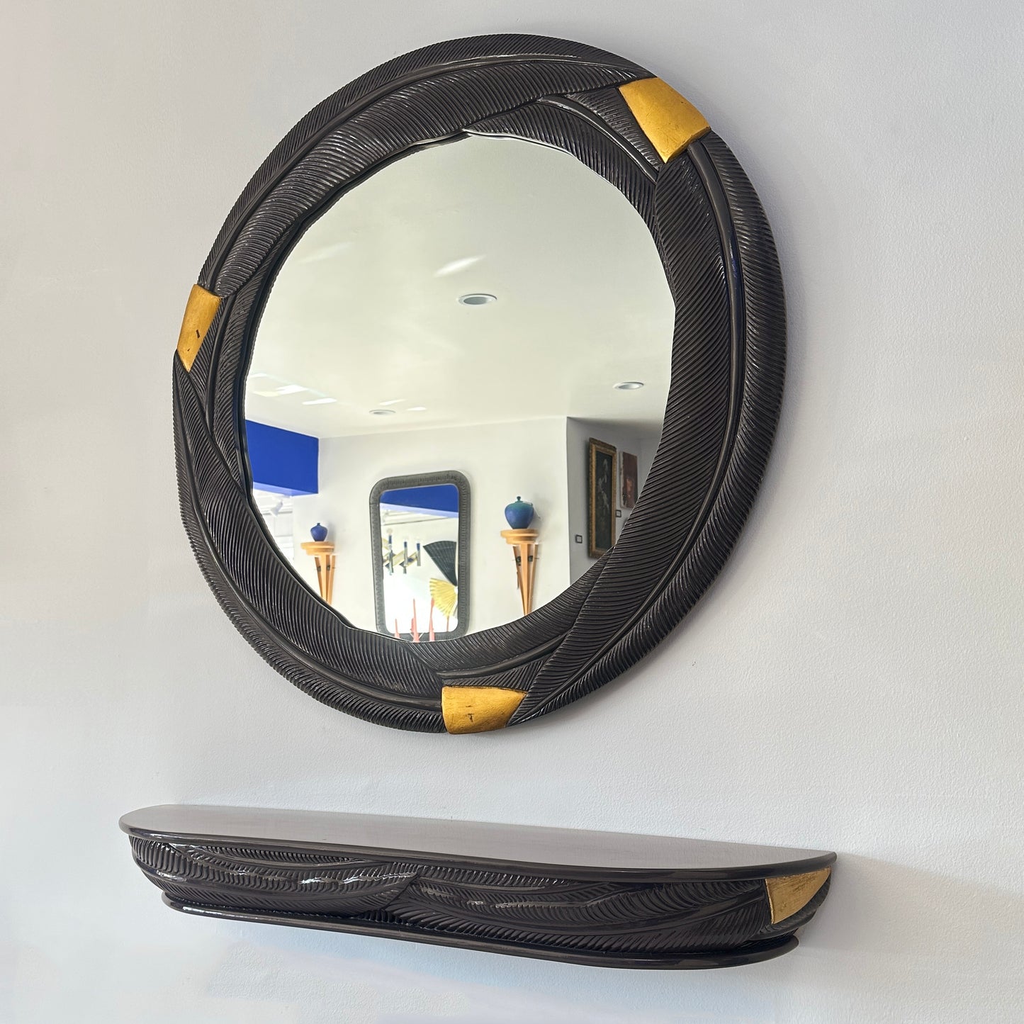Lacquered Aubergine Palm Leaf Mirror and Wall Mounted Console
