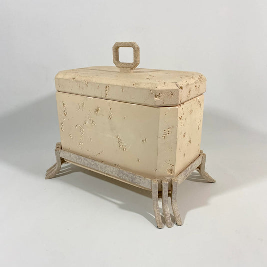 Postmodern Faux Travertine Ceramic Box With Metal Stand and Handle