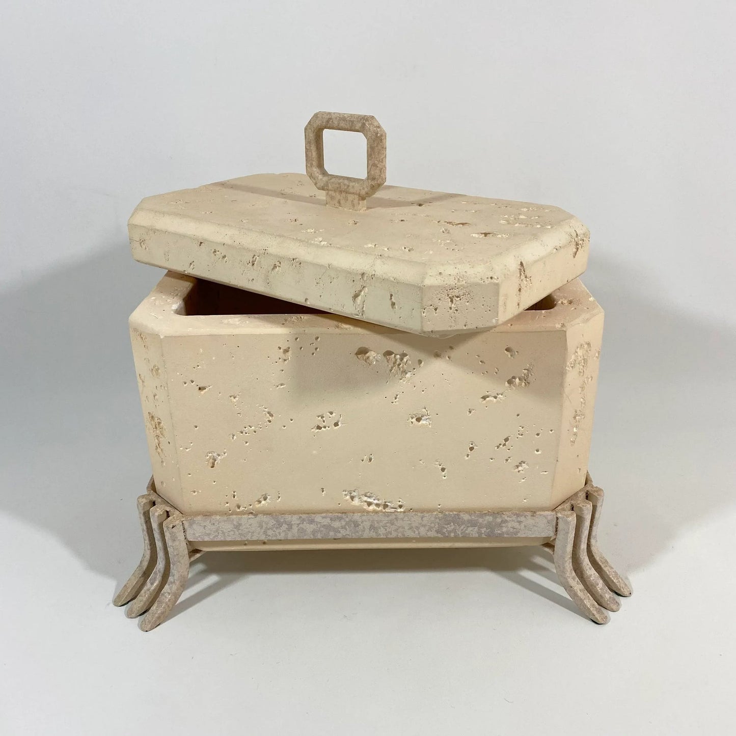 Postmodern Faux Travertine Ceramic Box With Metal Stand and Handle