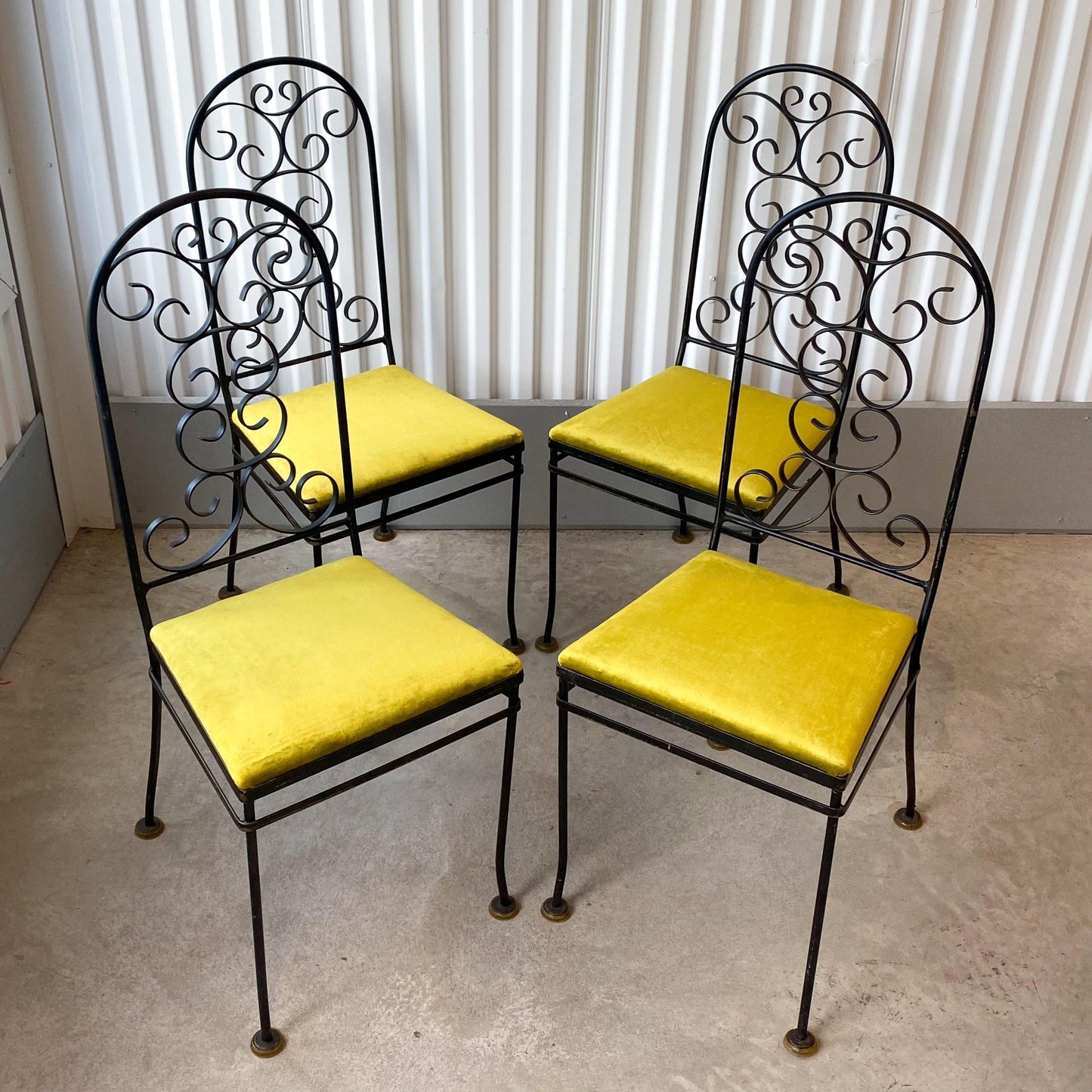 Arthur Umanoff Attributed Iron Chairs With Chartreuse Velvet Seats - Set of 4
