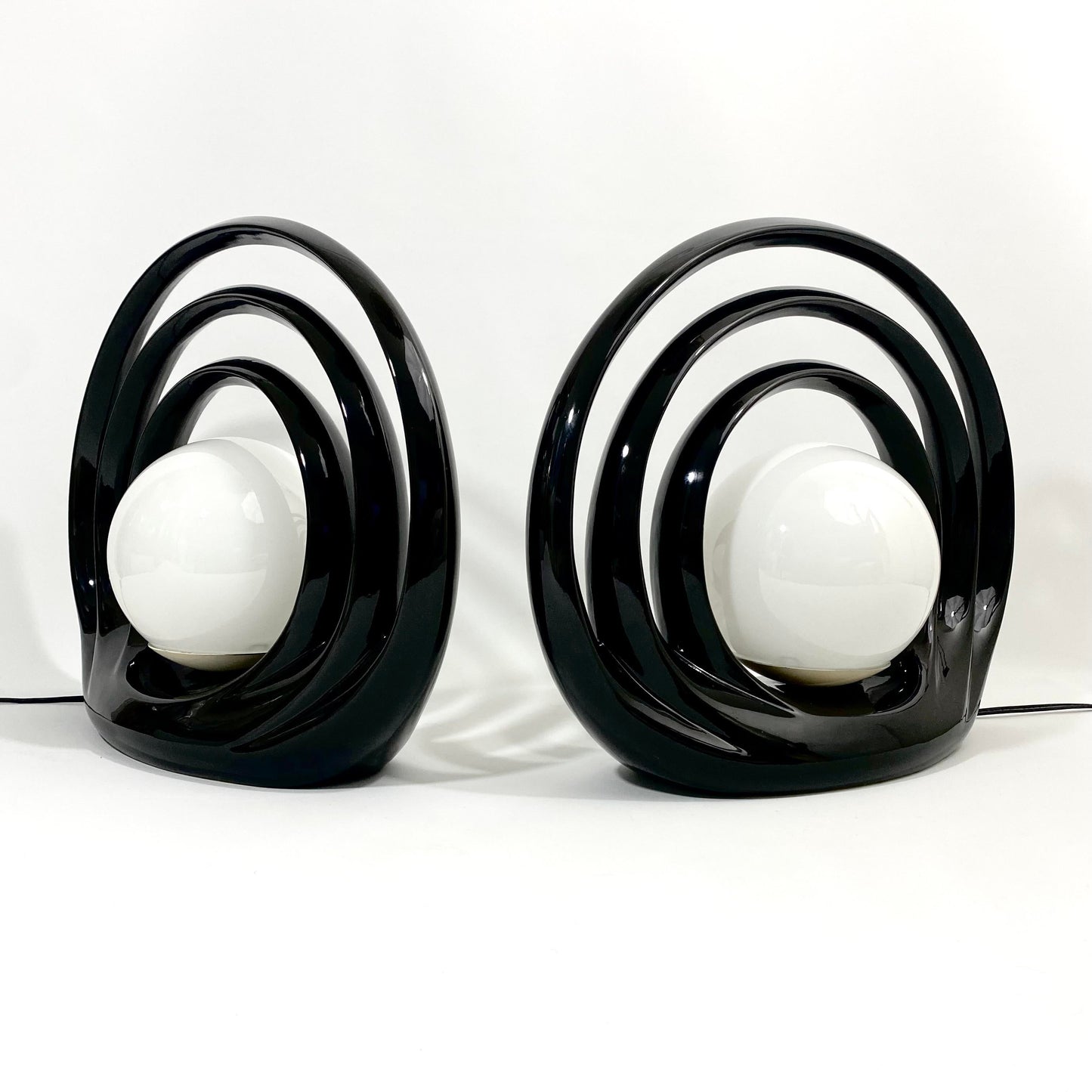 Op Art Ceramic Halo Ceramic and Glass Globe Lamp Pair