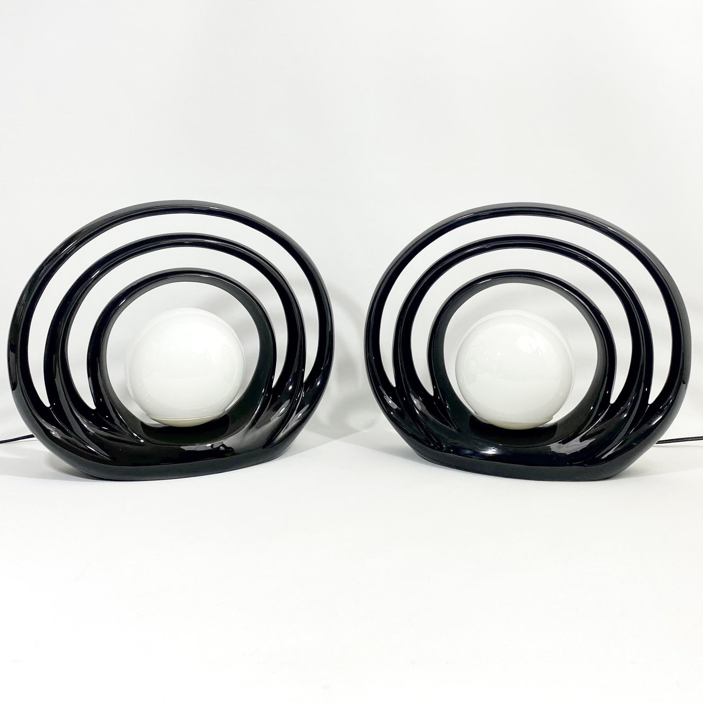 Op Art Ceramic Halo Ceramic and Glass Globe Lamp Pair