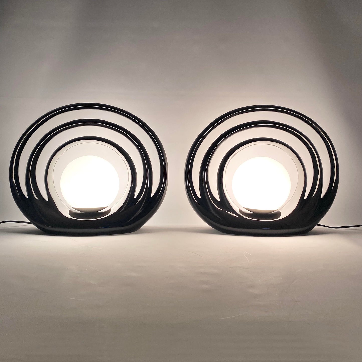 Op Art Ceramic Halo Ceramic and Glass Globe Lamp Pair