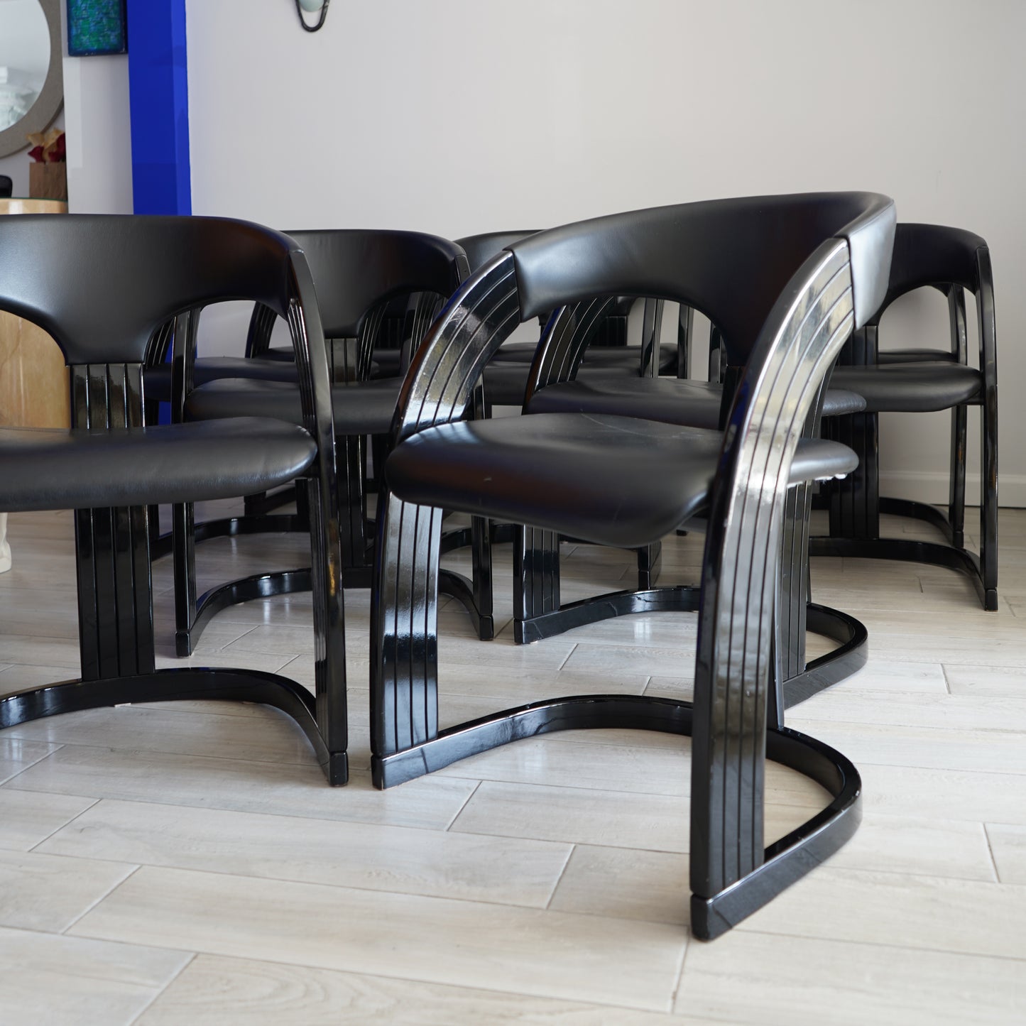 Postmodern Italian Lacquered Chairs With Goatskin Leather Seats and Back- Set of 10