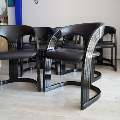 Postmodern Italian Lacquered Chairs With Goatskin Leather Seats and Back- Set of 10