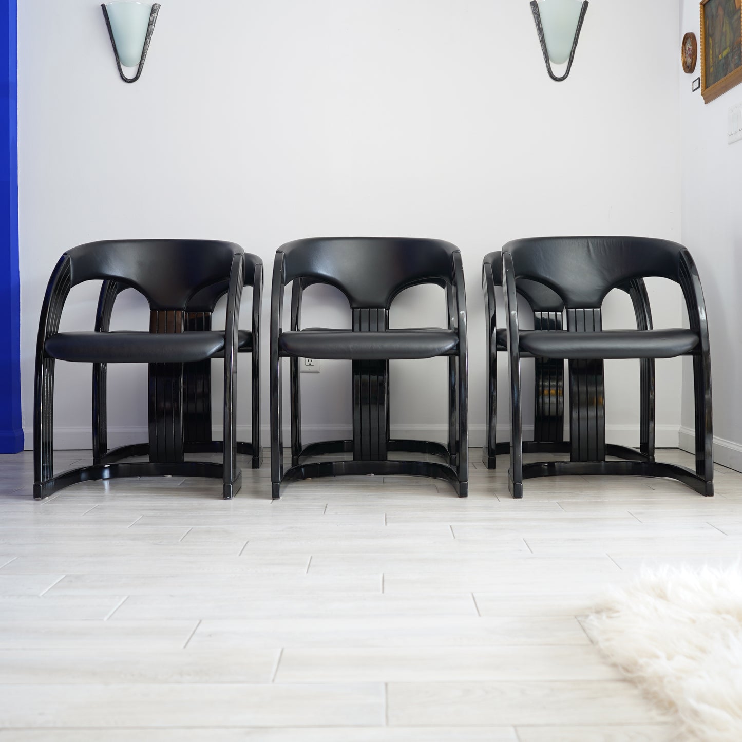 Postmodern Italian Lacquered Chairs With Goatskin Leather Seats and Back- Set of 10