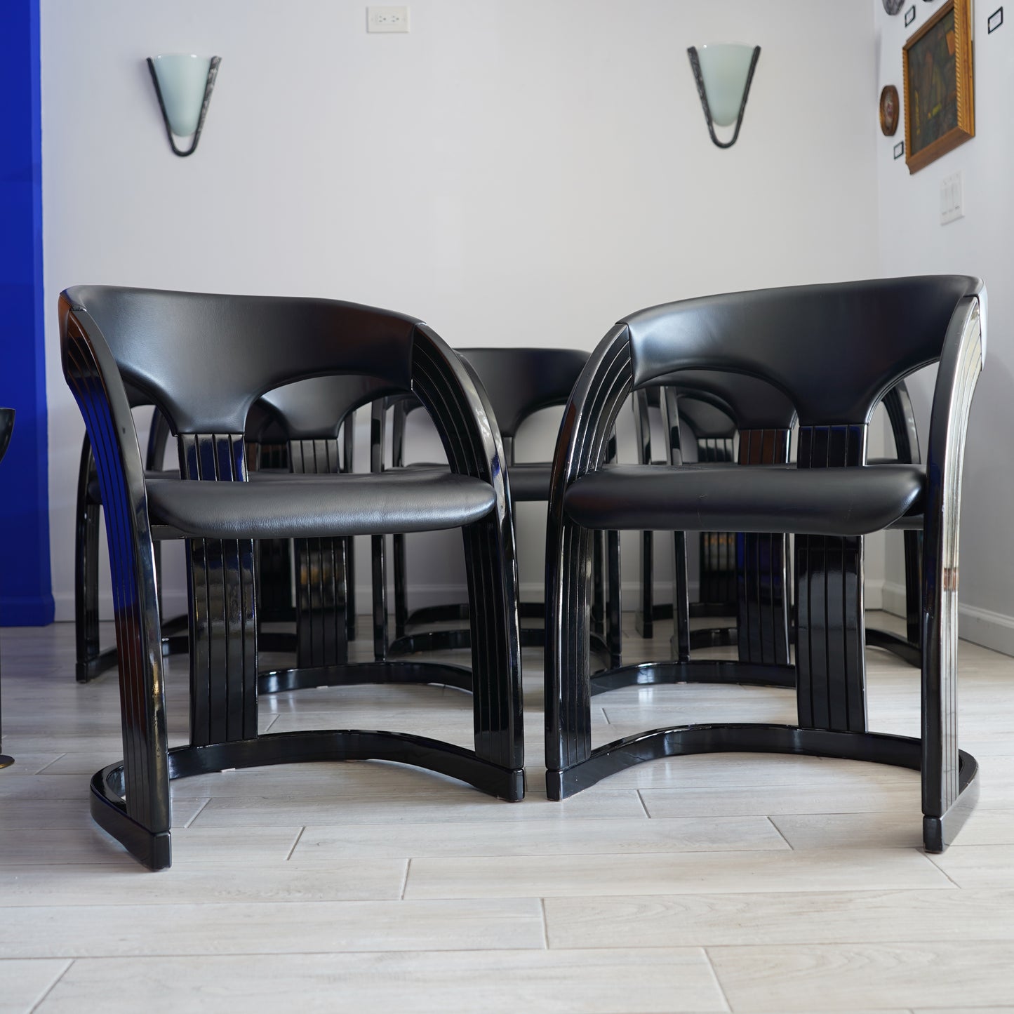 Postmodern Italian Lacquered Chairs With Goatskin Leather Seats and Back- Set of 10