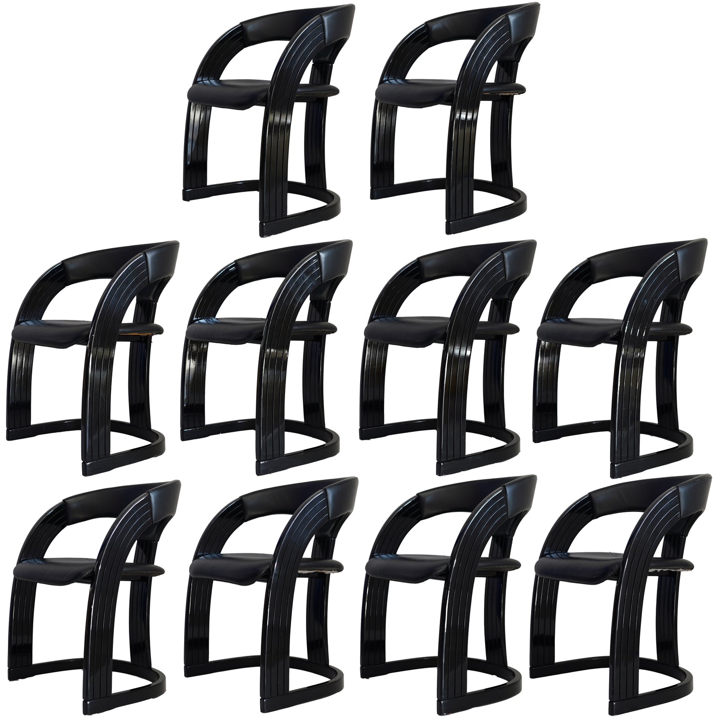 Postmodern Italian Lacquered Chairs With Goatskin Leather Seats and Back- Set of 10