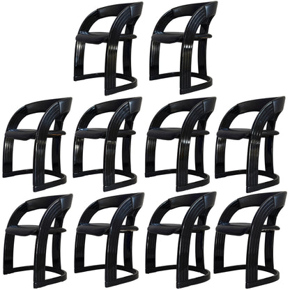Postmodern Italian Lacquered Chairs With Goatskin Leather Seats and Back- Set of 10