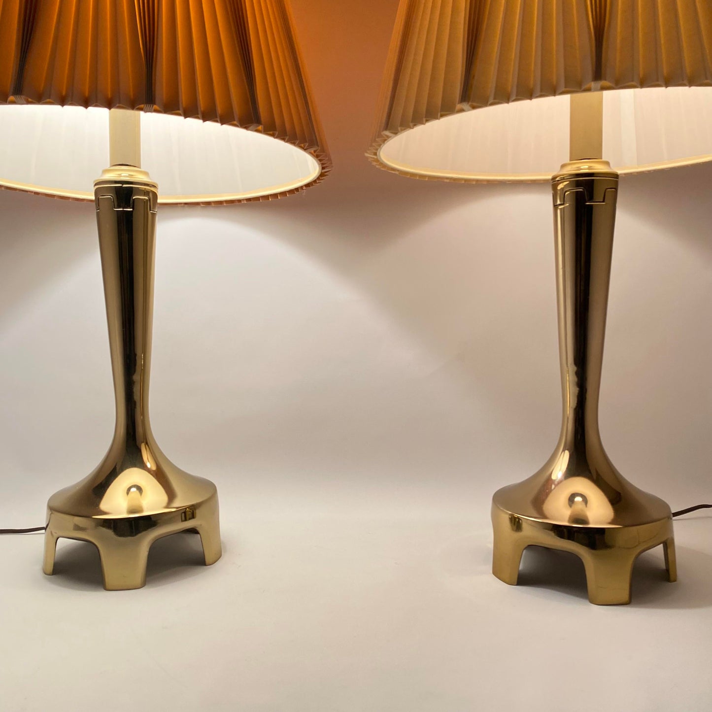 Laurel Lamp Co. Footed Brass Lamp Pair With Pleated Shades