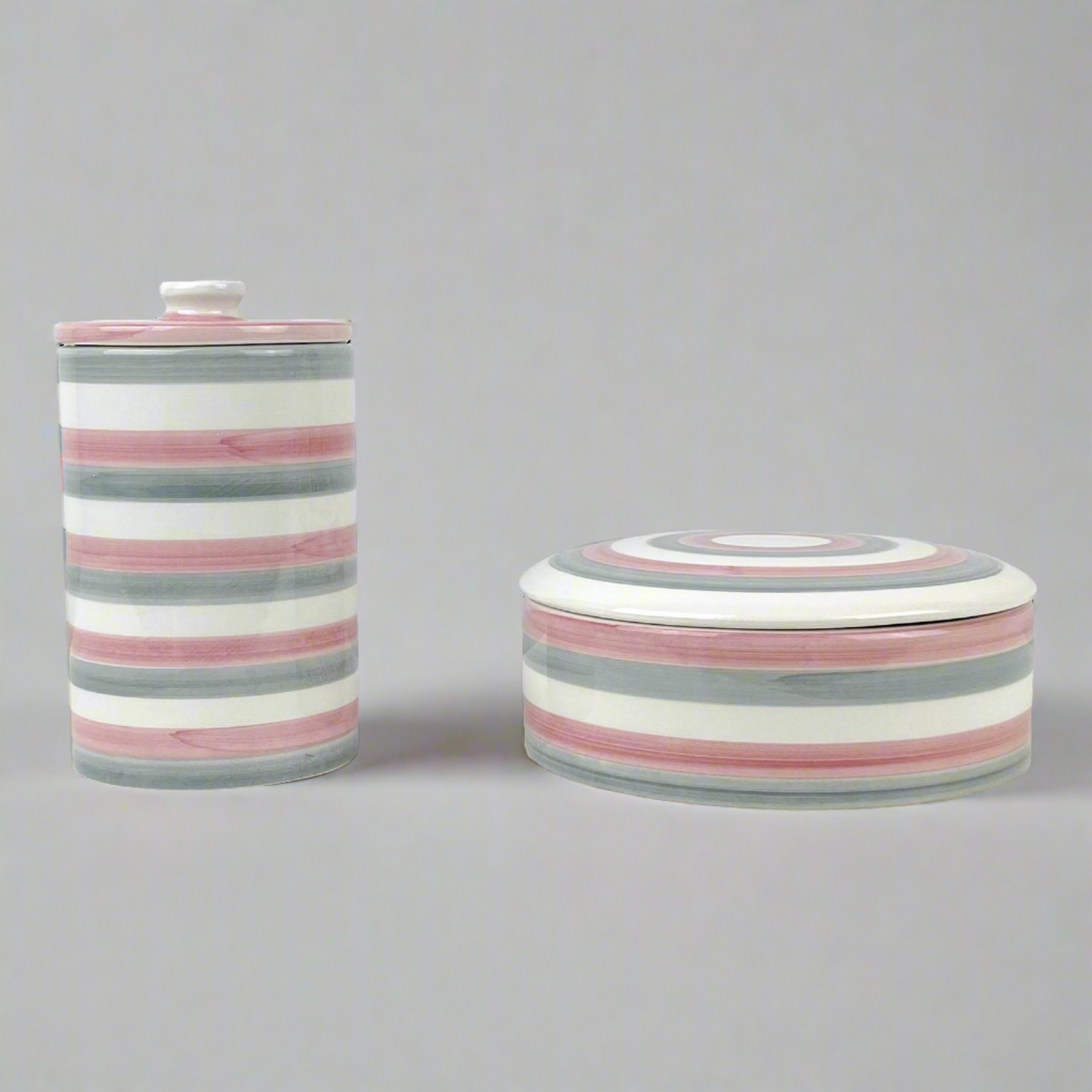 Italian Grey and Pink Striped Ceramic Canister Containers