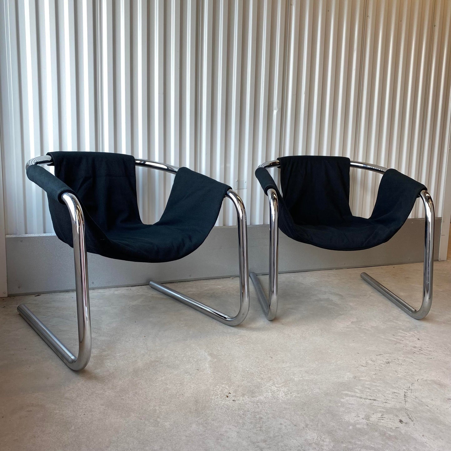 Black Tweed and Chrome Zermatt Sling Chairs by the Vecta Group- a pair