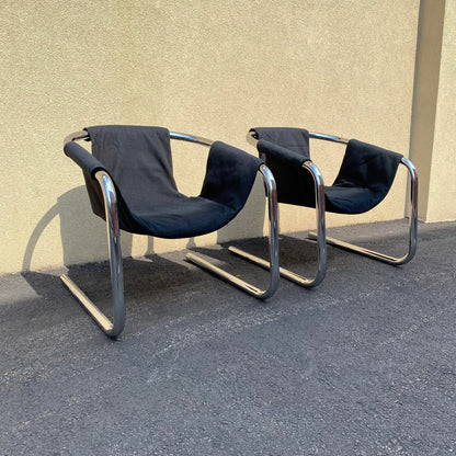 Black Tweed and Chrome Zermatt Sling Chairs by the Vecta Group- a pair