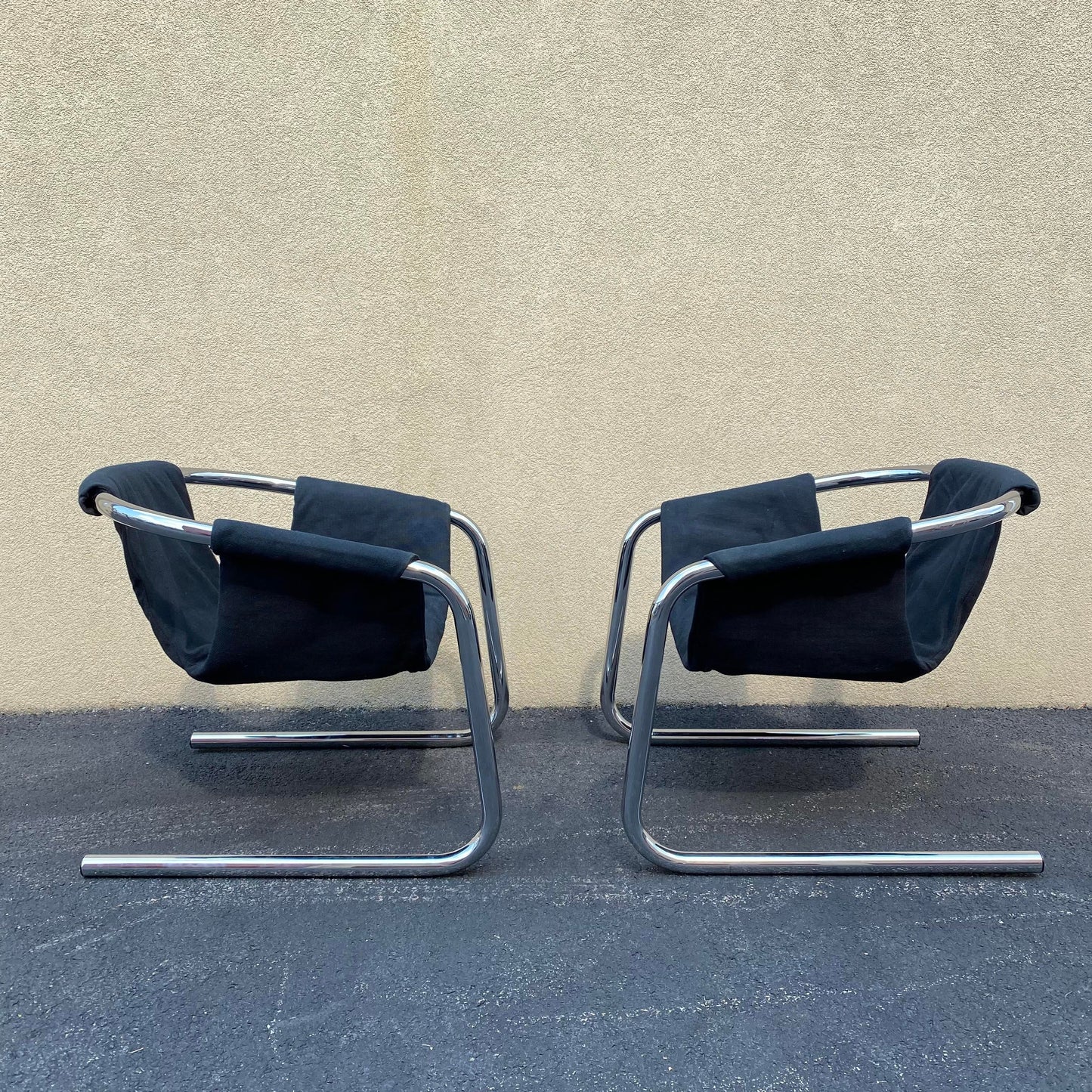 Black Tweed and Chrome Zermatt Sling Chairs by the Vecta Group- a pair