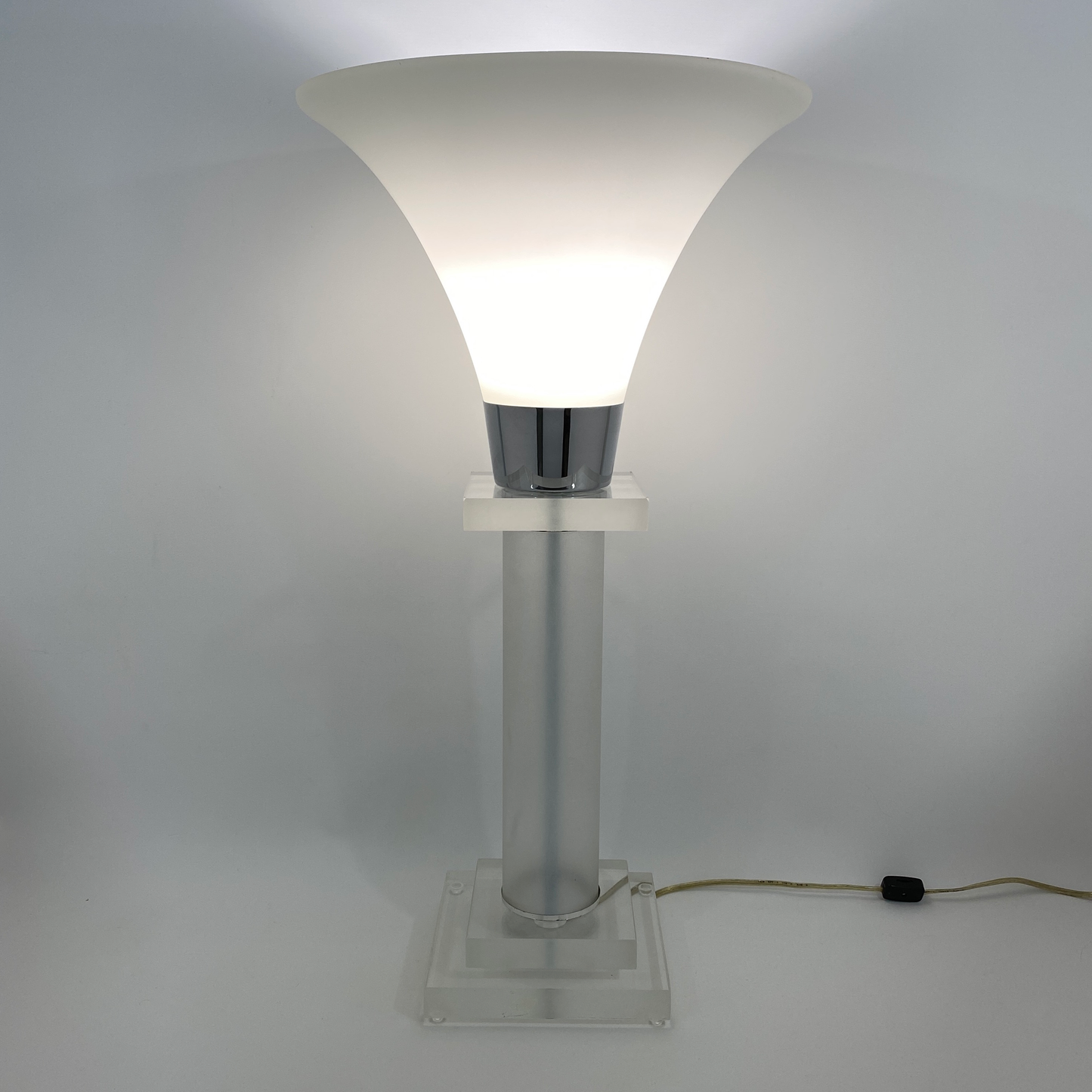 Lucite and Chrome Lamp With Tulip Opaline Glass Shade