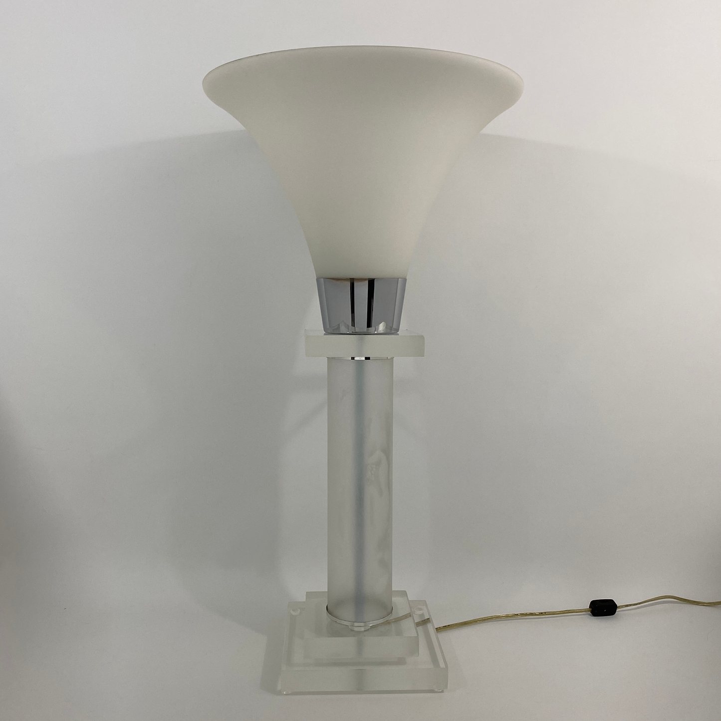 Lucite and Chrome Lamp With Tulip Opaline Glass Shade