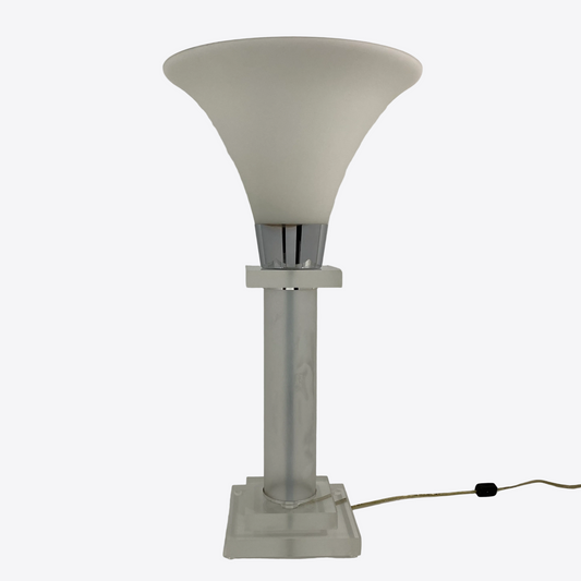 Lucite and Chrome Lamp With Tulip Opaline Glass Shade