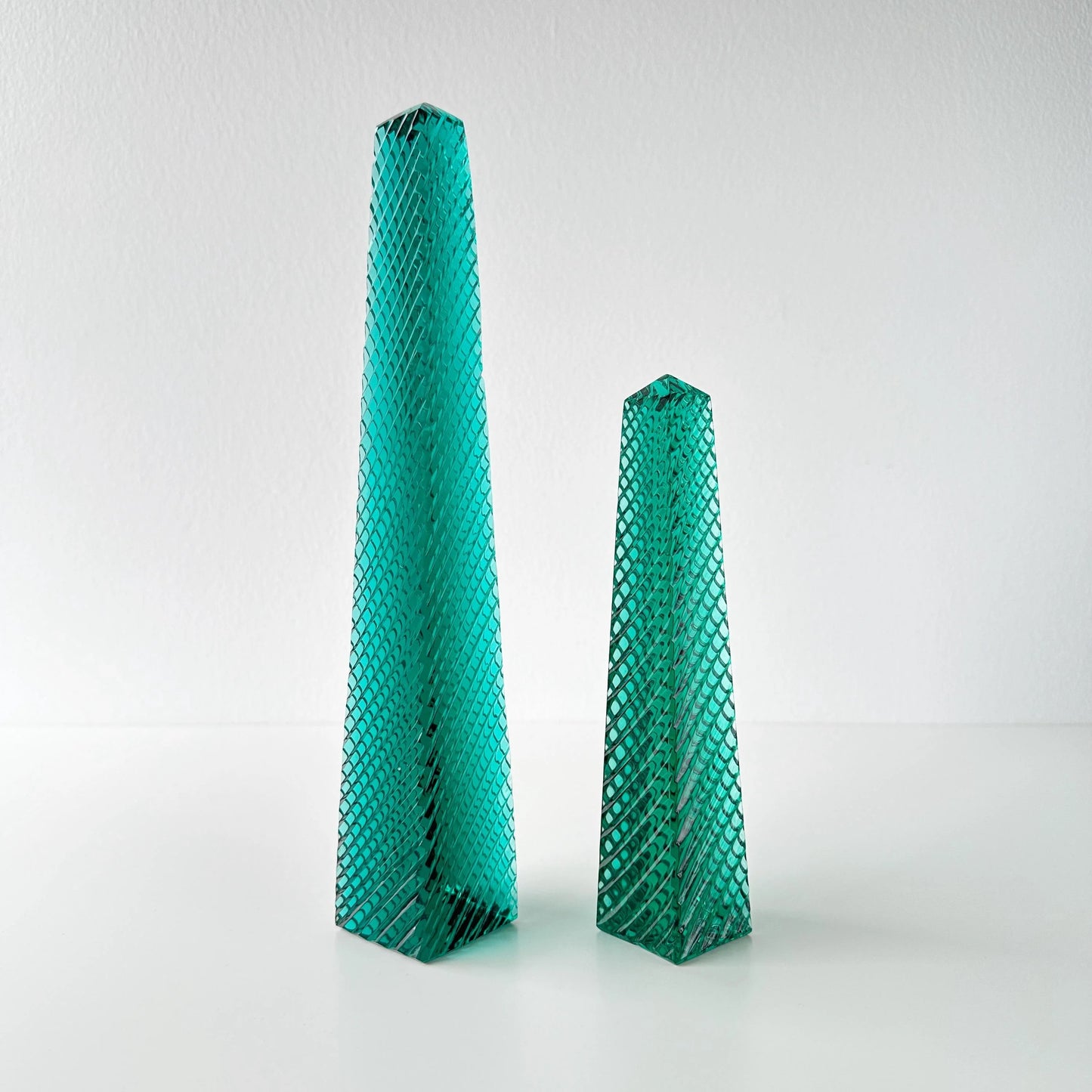 Emerald Green Cut Crystal Obelisk Pair