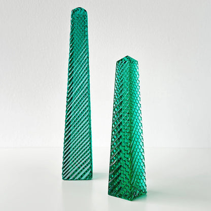 Emerald Green Cut Crystal Obelisk Pair