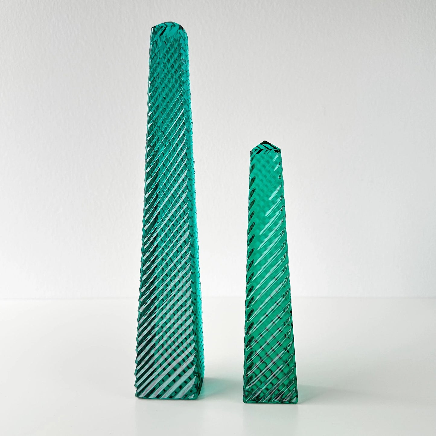 Emerald Green Cut Crystal Obelisk Pair