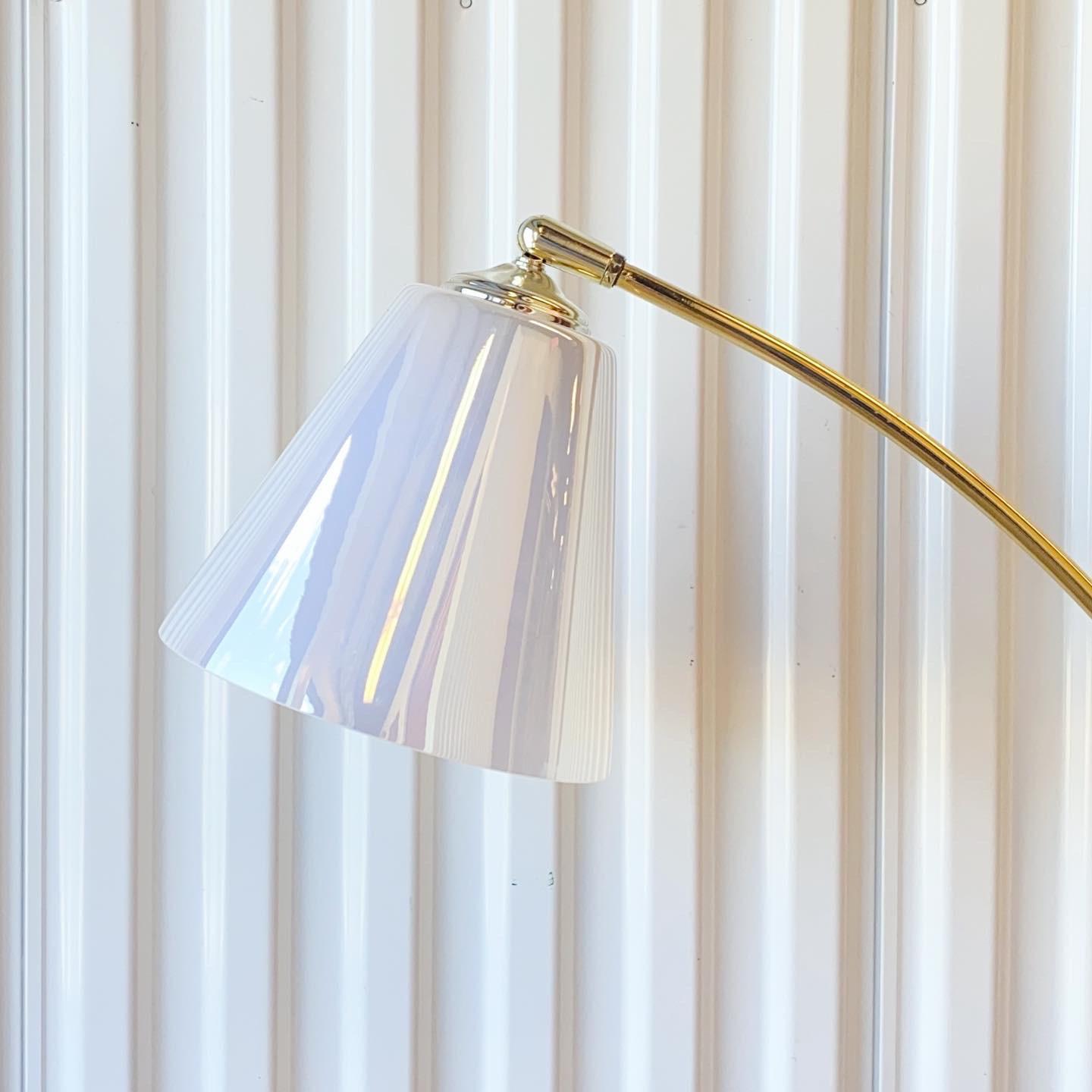 Italian Marble Brass Arch Floor Lamp With Iridescent Murano Glass Shade