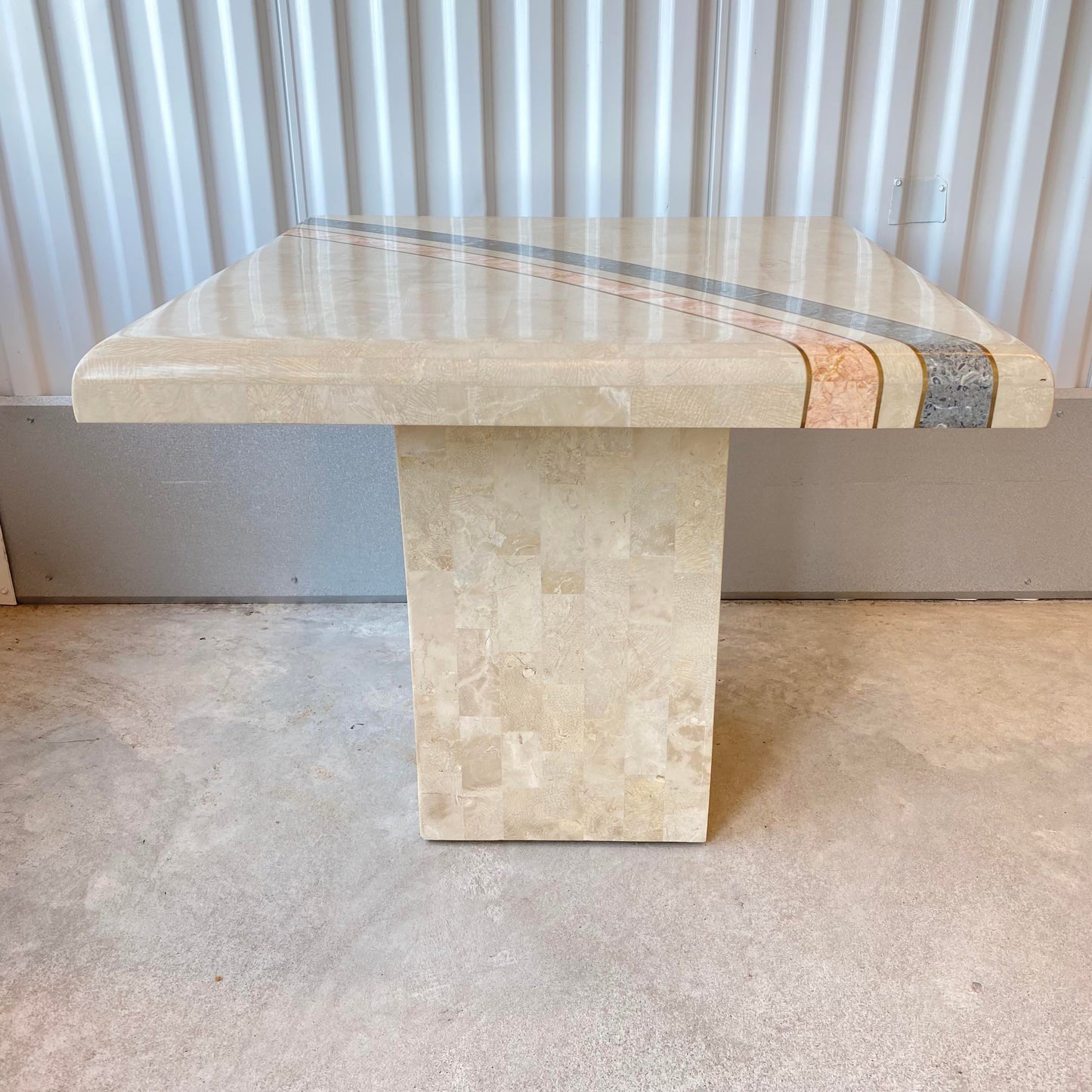 Tessellated Stone and Brass Inlay Pedestal Side Table