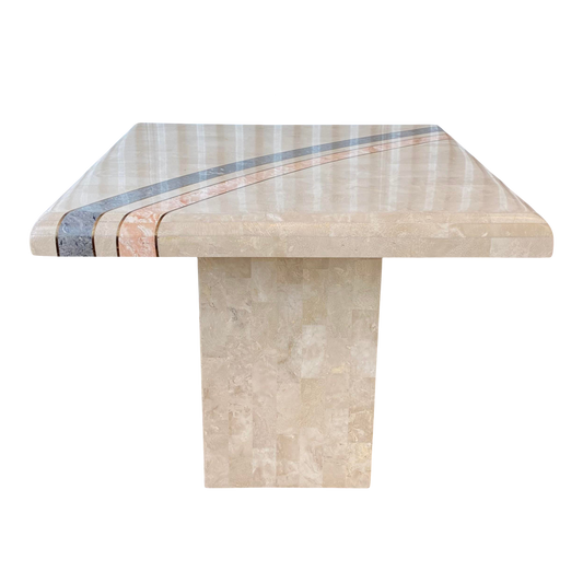 Tessellated Stone and Brass Inlay Pedestal Side Table