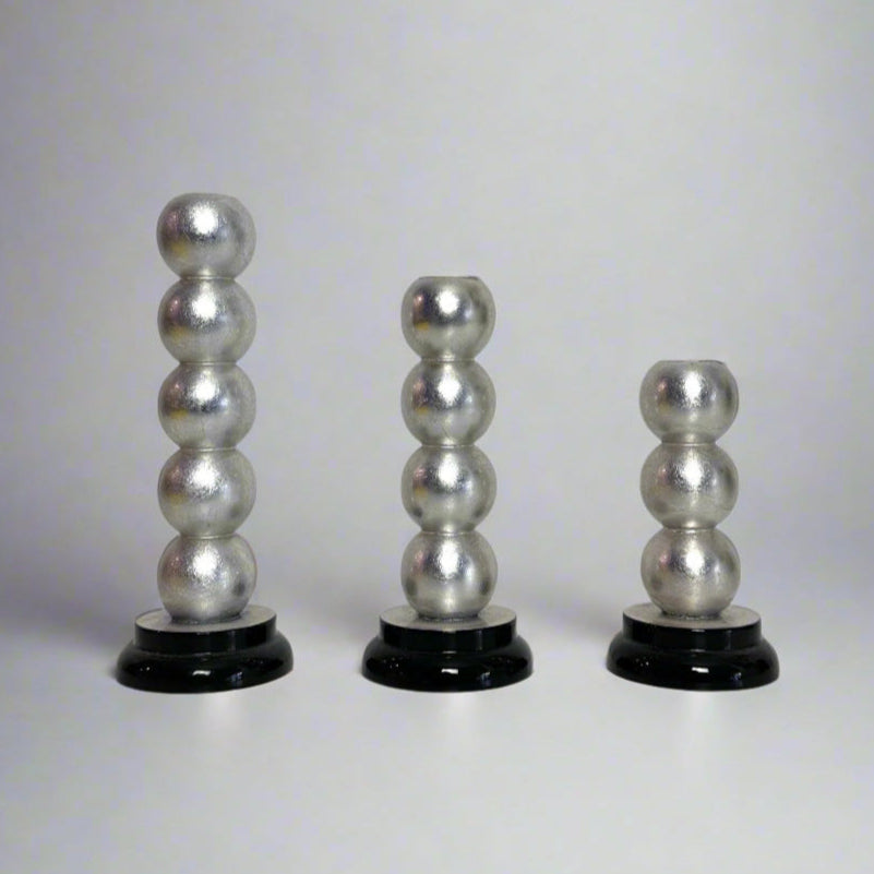 Postmodern Silver Leaf and Lacquered Stacked Sphere Candle Holders -Set of 3