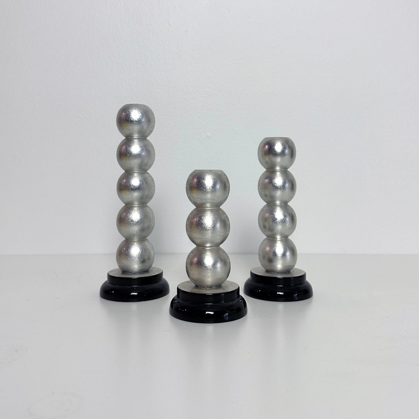 Postmodern Silver Leaf and Lacquered Stacked Sphere Candle Holders -Set of 3