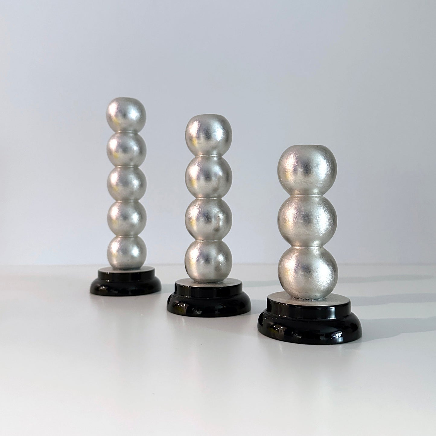 Postmodern Silver Leaf and Lacquered Stacked Sphere Candle Holders -Set of 3