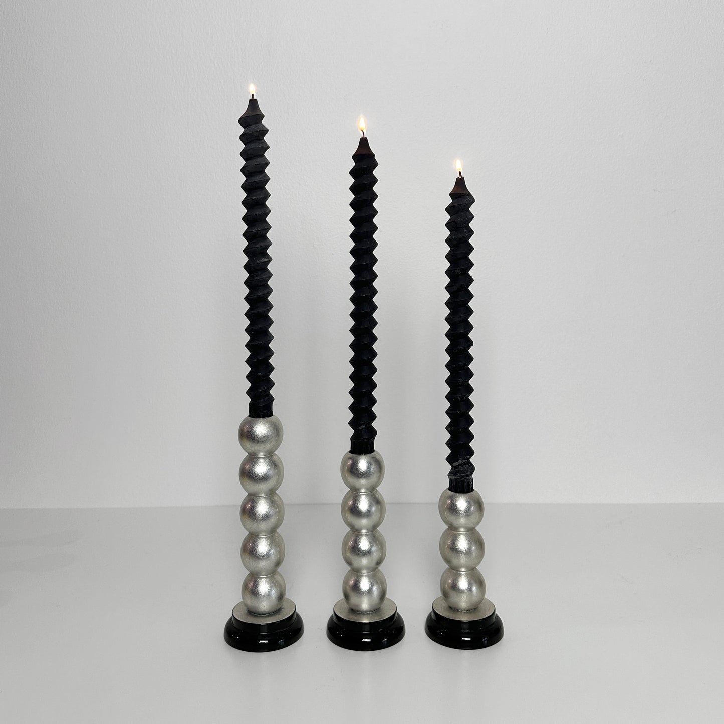 Postmodern Silver Leaf and Lacquered Stacked Sphere Candle Holders -Set of 3