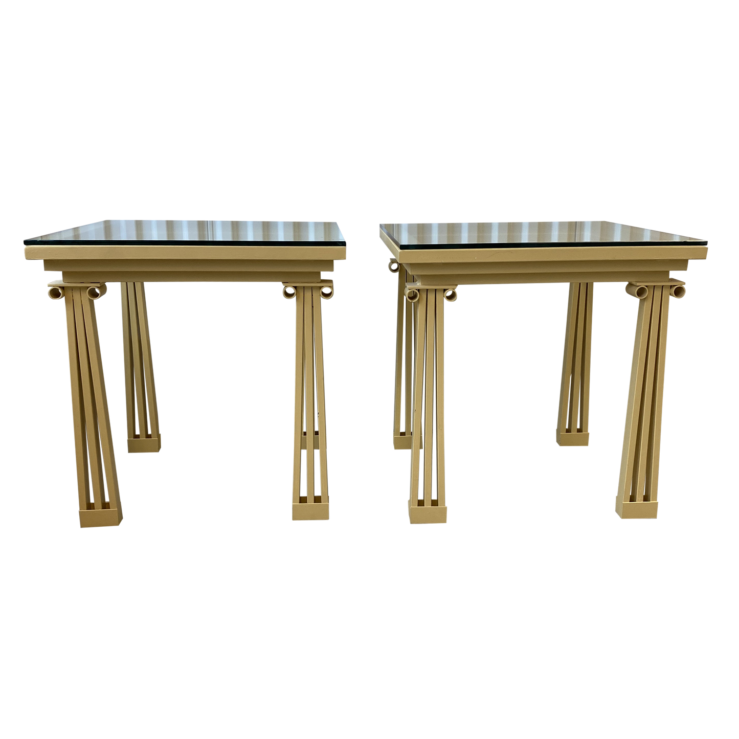 Alfrank Designs Postmodern Ionic Column Lacquered Wrought Iron Side Tables With Glass Tops - a Pair