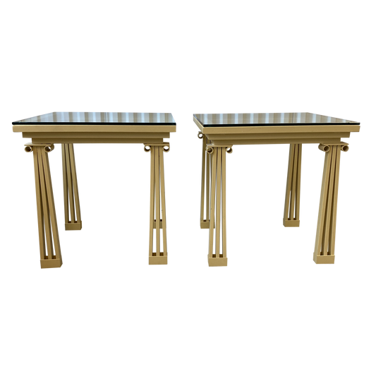 Alfrank Designs Postmodern Ionic Column Lacquered Wrought Iron Side Tables With Glass Tops - a Pair