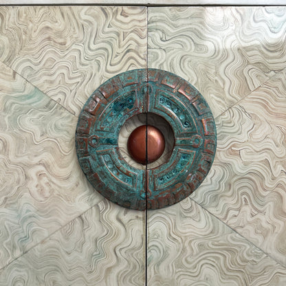 Brutalist Credenza With Hand-Painted Faux Marble and Patinated Bronze Medallion, Late 20th Century