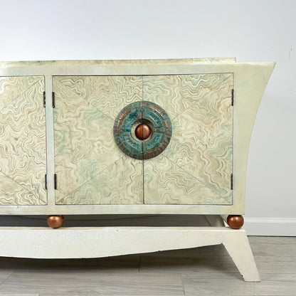 Brutalist Credenza With Hand-Painted Faux Marble and Patinated Bronze Medallion, Late 20th Century