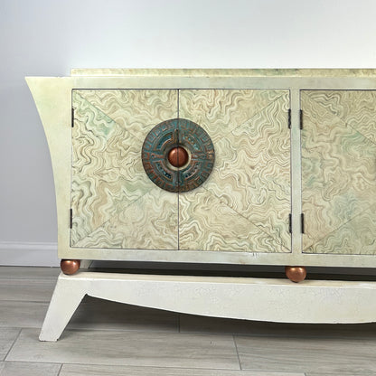 Brutalist Credenza With Hand-Painted Faux Marble and Patinated Bronze Medallion, Late 20th Century