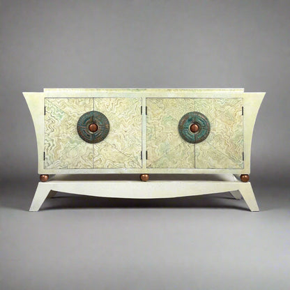 Brutalist Credenza With Hand-Painted Faux Marble and Patinated Bronze Medallion, Late 20th Century
