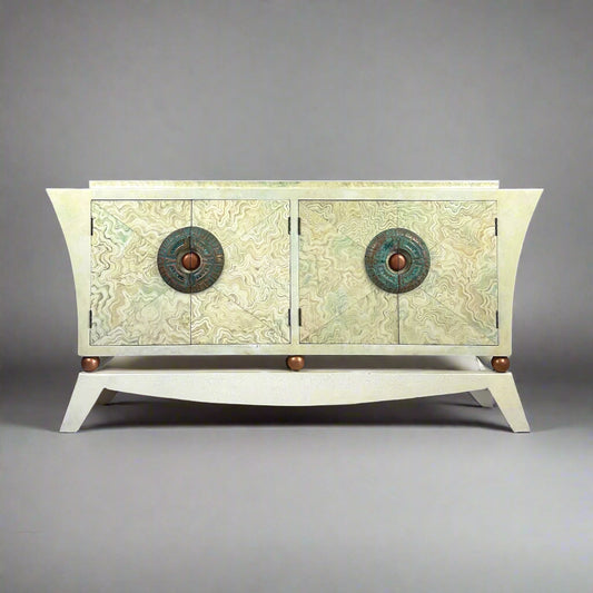 Brutalist Credenza With Hand-Painted Faux Marble and Patinated Bronze Medallion, Late 20th Century