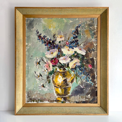 Mid 20th Century Signed Floral Still Life Original Art in Gilded Frame