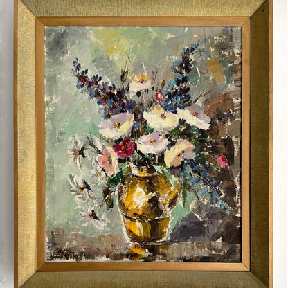 Mid 20th Century Signed Floral Still Life Original Art in Gilded Frame