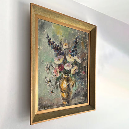 Mid 20th Century Signed Floral Still Life Original Art in Gilded Frame