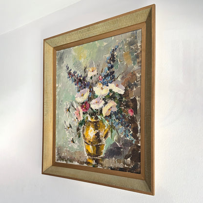 Mid 20th Century Signed Floral Still Life Original Art in Gilded Frame