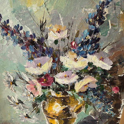 Mid 20th Century Signed Floral Still Life Original Art in Gilded Frame